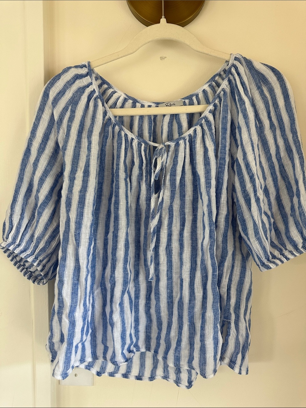 Lightweight linen- blend short-sleeved Blue & White Striped Peasant Blouse